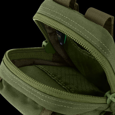 Close-up of the Condor Gadget Pouch, open to reveal its empty green fabric interior, zipper closure, and detailed stitching.